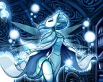 2021 5_fingers arthropod blue_hair cloak clothed clothing detailed_background digital_media_(artwork) elegant eralind_(latiar) eyes_closed female fingers hair horn inside latiar magic magic_user particles solo spread_arms standing tail