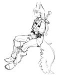  1girl animal_ears bang_dream! bang_dream!_it&#039;s_mygo!!!!! boots choker commentary_request greyscale kemonomimi_mode long_hair long_sleeves monochrome profile shiina_taki shoulder_strap sitting solo sword sword_on_back tail thai_commentary weapon weapon_on_back wolf_ears wolf_girl wolf_tail yogurt_pt 
