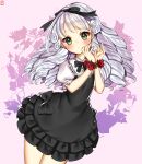  1girl aged_down bad_id bad_twitter_id black_bow black_dress black_ribbon blush bound bound_wrists bow closed_mouth collared_dress dress drill_hair flower frilled_dress frills gambe green_eyes grey_hair hair_ribbon hands_up long_hair looking_at_viewer official_alternate_hairstyle pretty_series pripara puffy_short_sleeves puffy_sleeves red_flower red_rose ribbon rose shikyoin_hibiki short_sleeves solo standing 
