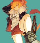  1girl animal_ears arknights arm_behind_head baton_(weapon) black_footwear black_jacket blonde_hair blue_background closed_mouth fur-trimmed_jacket fur_trim hair_between_eyes jacket knee_up lion_ears lion_tail long_sleeves looking_at_viewer moonagvaze orange_eyes red_shorts shirt shoes short_hair shorts siege_(arknights) signature sneakers solo tail weapon white_shirt 