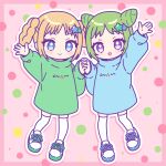  2girls :d arm_up bad_id bad_twitter_id blonde_hair blue_eyes blue_sweater braided_hair_rings chibi closed_mouth commentary_request cone_hair_bun double_bun fukuhara_ann full_body green_hair green_sweater hair_bun hair_ornament hand_up highres holding_hands interlocked_fingers long_sleeves looking_at_viewer morizono_wakana multiple_girls nekomachi_nao no_pants open_mouth pink_background pretty_rhythm pretty_rhythm_rainbow_live pretty_series purple_eyes shoes short_hair smile sneakers standing star_(symbol) star_hair_ornament sweater thighhighs white_thighhighs 