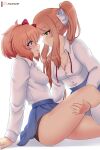  2girls absurdres ahoge artist_name black_panties blue_eyes blue_skirt blush bow breasts brown_hair cleavage commentary doki_doki_literature_club eye_contact face-to-face from_side green_eyes hair_between_eyes hair_bow hair_ribbon heart heart-shaped_pupils highres kneehighs long_hair long_sleeves looking_at_another medium_breasts monika_(doki_doki_literature_club) multiple_girls neck_ribbon panties parted_lips profile raion_(raionart) red_eyes red_ribbon ribbon sayori_(doki_doki_literature_club) school_uniform shirt short_hair simple_background skirt smile socks symbol-shaped_pupils thighs underwear undone_neck_ribbon white_background white_ribbon white_shirt white_socks yuri 