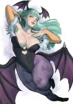  1girl animal_print bare_shoulders bat_print black_footwear black_leotard boots breasts bridal_gauntlets cleavage clothing_cutout green_eyes green_hair head_wings heart_cutout highres leotard long_hair morrigan_aensland nobubu pantyhose purple_pantyhose solo strapless strapless_leotard thighs vampire_(game) white_background wings 