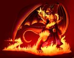  anthro chibity clothed clothing dragon fire furgonomics furry-specific_piercing heat_(temperature) horn loincloth male membranous_wings piercing red_background red_eyes red_scales red_theme scales scalie sechutan simple_background solo topless western_dragon wing_piercing wings 