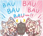  &gt;_&lt; 2girls animal_ear_fluff animal_ears asmr binaural_microphone black_coat blonde_hair blue_hair blush_stickers chibi coat cropped_jacket cropped_shirt dog_ears dog_girl dog_tail dress fake_horns fang fuwawa_abyssgard fuwawa_abyssgard_(1st_costume) headphones headphones_around_neck highres hololive hololive_english horns long_hair microphone mitarashi_neko mococo_abyssgard mococo_abyssgard_(1st_costume) multiple_girls pink_hair shirt short_hair tail white_dress white_shirt 