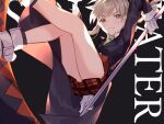  1girl blonde_hair caddy_cyd cardigan collared_shirt copyright_name english_text falling gloves green_eyes holding holding_scythe maka_albarn necktie plaid plaid_skirt scythe shirt skirt sleeve_cuffs solo soul_eater striped_necktie twintails weapon 