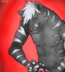  anthro cat claws cum decaf erection feline fur green_eyes hair male mammal nude penis simple_background smile solo stripes tiger valaska 