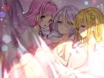  3girls bed_sheet blonde_hair blurry blush bokeh braid breasts censored closed_mouth completely_nude cowboy_shot curtains depth_of_field gambe green_eyes grey_hair hair_between_eyes kiki_ajimi long_hair looking_at_another looking_at_viewer looking_back lying medium_breasts midorikaze_fuwari multiple_girls navel nude on_back on_bed on_stomach open_mouth pink_hair pretty_series pripara profile red_eyes shikyoin_hibiki short_hair small_breasts smile yuri 