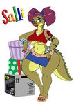  anthro blue_eyes breasts clothed clothing crocodile crocodilian female gift hair jewelry lipstick piercing pigtails purple_hair reptile salli_(character) scalie skimpy tattoo under_boob vdisco voluptuous wide_hips 