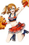  arm_up armpits blue_eyes blush breasts cheerleader cleavage crop_top fingerless_gloves gloves groin headset inline_skates kousaka_honoka looking_at_viewer love_live! love_live!_school_idol_festival love_live!_school_idol_project medium_breasts midriff miniskirt navel okuba one_side_up open_mouth pom_poms roller_skates skates skirt smile solo takaramonozu teeth twintails white_background 