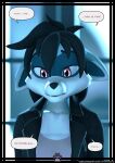 anthro black_hair blue_body blue_fur clothing comic female fur hair hi_res jacket leather leather_clothing leather_jacket leather_topwear mammal procyonid purple_eyes raccoon ryder_(striped_sins) sad shirt solo speech_bubble striped_sins t-shirt topwear willitfit