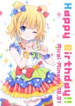  1girl :3 bad_id bad_pixiv_id blonde_hair blue_bow blue_eyes blunt_bangs bow character_name cone_hair_bun d_omm double_bun dress hair_bow hair_bun hands_up happy_birthday heart heart_hands idol_clothes looking_at_viewer minami_mirei multicolored_clothes multicolored_dress one_eye_closed pretty_series pripara red_bow short_hair smile solo sparkle 