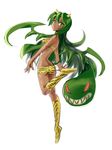  animal_print ass bokenasu boots breasts cosplay dark_skin from_behind fukua_(skullgirls) green_eyes green_hair horns knee_boots lips long_hair lum lum_(cosplay) medium_breasts oni prehensile_hair shamone_(skullgirls) skullgirls solo swimsuit tiger_print urusei_yatsura 