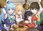 1girl 3girls :d absurdres alcohol aqua_(konosuba) aqua_eyes arm_support arm_up bar_censor bare_shoulders beer beer_mug belt black_hair blonde_hair blue_eyes blue_hair blue_shirt blurry blurry_background blush bottle breasts brick_wall brown_belt brown_hair capelet censored chomusuke collarbone commentary cowboy_shot cup darkness_(konosuba) detached_sleeves dress dual_wielding fish_(food) fried_chicken frown green_capelet green_eyes grey_shirt grilled_fish hair_between_eyes hair_ornament hand_on_table highres holding holding_cup indoors kono_subarashii_sekai_ni_shukufuku_wo! large_breasts leaning_forward long_hair long_sleeves looking_at_viewer megumin mug multiple_girls neck_ribbon off-shoulder_dress off_shoulder open_mouth outstretched_hand ponytail reaching red_dress red_eyes red_ribbon ribbon satou_kazuma sayu_(user_yjsz2885) shirt short_hair short_hair_with_long_locks sidelocks sleeveless sleeveless_shirt smile straight_hair toasting_(gesture) tsurime upper_body v-shaped_eyebrows very_long_hair white_sleeves wide_sleeves wine_bottle x_hair_ornament 