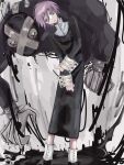  1other ambiguous_gender androgynous bending black_dress boots crona_(soul_eater) dress grey_eyes hand_on_own_arm head_tilt long_sleeves muscular purple_hair ragnarok_(demon_sword) sleeve_cuffs soul_eater wa_noko x_x 