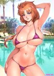  1girl arm_behind_head arm_up armpits ass_visible_through_thighs bare_arms bare_shoulders bikini blush breasts brown_hair chair commentary_request contrapposto cowboy_shot day floating_hair gundam gundam_unicorn highres large_breasts long_hair looking_at_viewer lounge_chair marida_cruz micro_bikini navel outdoors oyaman palm_tree parted_lips photo_background pool purple_bikini purple_eyes skindentation solo standing stomach string_bikini swimsuit teeth tree twitter_username water 