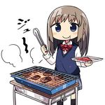  bangs blouse blue_eyes blush_stickers bow bowtie brown_hair character_request commentary_request drooling grill grilling holding holding_tray kanikama long_hair long_sleeves looking_at_viewer lowres original red_bow red_neckwear school_uniform simple_background solo tongs tray vest white_background white_blouse yakiniku 