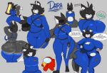 ambiguous_gender among_us anthro belly belly_expansion big_breasts big_butt black_body black_fur black_hair blue_bodysuit blue_bra blue_clothing blue_latex blue_panties blue_skinsuit blue_underwear blush blush_stickers bodysuit bra breast_expansion breasts butt canid canine clothing crewmate_(among_us) dara_(dewwydarts) dewwydarts dialogue duo emanata english_text expansion female fluffy fluffy_tail fox fur gas_mask grey_background gun hair handgun heart_symbol hi_res holding_gun holding_handgun holding_object holding_ranged_weapon holding_revolver holding_shovel holding_tool holding_weapon huge_breasts huge_butt huge_thighs hygrodere_(lethal_company) inflation innersloth latex latex_bodysuit latex_clothing latex_skinsuit lethal_company looking_at_viewer mammal mask multicolored_body multicolored_fur panties ranged_weapon revolver rubber_duck shovel simple_background skinsuit slime_inflation sloshing_breasts solo_focus speech_bubble tail text thick_thighs thigh_expansion tight_clothing tools torn_bodysuit two_tone_body two_tone_fur underwear weapon wearing_mask white_body white_fur wide_hips