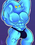  2016 abs armpits big_bulge big_head blue_body blue_clothing blue_theme bulge clothed clothing collectollider colored cute digital_drawing_(artwork) digital_media_(artwork) empty_eyes front_view goo hands_behind_head huge_bulge humanoid hyper hyper_muscles league_of_legends light looking_at_viewer male manly muscular muscular_male not_furry obliques pecs pinup portrait pose purple_background quads riot_games serratus shaded signature simple_background smile solo thong three-quarter_portrait toony topless video_games yellow_eyes zac_(lol) 