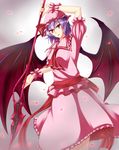  absurdres bad_id bad_pixiv_id bat_wings blue_hair breasts commentary_request dress highres large_wings looking_at_viewer medium_breasts older polearm red_eyes remilia_scarlet solo spear spear_the_gungnir touhou vampire weapon wings zeramu 