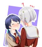  2girls ? arms_around_waist artistic_error blue_hair blue_ribbon blush bob_cut brown_cardigan brown_dress cardigan closed_eyes closed_mouth commentary confused dark_blue_hair dollchestra dress grey_hair hair_ornament hair_ribbon hasu_no_sora_school_uniform height_difference highres inverted_bob kujo_awenn link!_like!_love_live! long_hair long_sleeves looking_at_another love_live! low_twintails multicolored_hair multiple_girls murano_sayaka neckerchief no_choker no_mole nose_blush open_cardigan open_clothes outline purple_background red_eyes red_hair red_neckerchief ribbon sailor_collar school_uniform short_hair star_(symbol) star_hair_ornament streaked_hair translated twintails two-tone_background upper_body virtual_youtuber waiting_for_kiss white_background white_outline white_sailor_collar winter_uniform yugiri_tsuzuri yuri 