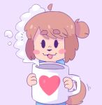 2017 :3 anthro beverage black_nose blue_clothing blue_hoodie blue_topwear brown_hair canid canine canis clothing coffee_mug colored domestic_dog dot_eyes eyebrows eyelashes female floppy_ears fluffy_ears fur graskip hair heart_print heart_symbol hi_res holding_coffee_mug holding_mug holding_object hoodie hot_beverage ko-fi long_hair mammal motion_lines mug open_mouth oversized_object pink_cheeks ponytail purple_background shaded simple_background smile solo standing steam tail tail_motion tailwag tan_body tan_fur tied_hair topwear