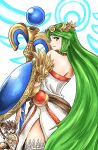  1boy 1girl ancient_greek_clothes armlet back bare_shoulders blue_eyes brown_hair chain chiton circlet forehead_jewel gold_chain greco-roman_clothes green_eyes green_hair highres holding holding_shield holding_staff jewelry kicdon kid_icarus kid_icarus_uprising laurel_crown long_hair neck_ring palutena parted_bangs pit_(kid_icarus) shield short_hair single_thighhigh solo_focus staff thighhighs vambraces very_long_hair white_thighhighs 