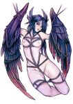  1girl animal_ears bird_ears black_feathers black_hair black_wings blue_eyes breasts commentary feathered_wings feathers harpy highres lips long_hair looking_at_viewer monster_girl nipples nude nymse original parted_bangs shibari simple_background small_breasts solo very_long_hair white_background winged_arms wings 