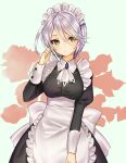  1girl alternate_costume apron ascot bad_id bad_twitter_id black_dress breasts closed_mouth cowboy_shot dress enmaided frilled_apron frills gambe grey_hair hair_between_eyes hand_up impossible_clothes juliet_sleeves large_breasts long_sleeves looking_at_viewer maid maid_headdress pretty_series pripara puffy_sleeves shikyoin_hibiki short_hair signature solo standing white_apron white_ascot yellow_eyes 