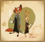 anthro barefoot byron_howard canid canine clothing coat coffee_mug colored concept_art container cup detective disney duo eye_contact feet female fox fur holding_container holding_cup holding_mug holding_object holding_paper jacket jewelry judging judy_hopps lagomorph larger_male leporid looking_at_another male mammal mug necklace necktie nick_wilde official_art orange_body orange_fur paper rabbit scut_tail short_tail simple_background size_difference smaller_female standing steam suit tail tan_body tan_fur topwear yellow_body yellow_fur zootopia