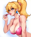  1girl absurdres blonde_hair blue_eyes bra breasts darkmoney earrings highres jewelry large_breasts lips lipstick makeup mario_(series) ponytail princess_peach underwear 