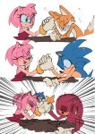  1girl 3boys absurdres amy_rose animal_nose blue_fur blush dress fighting furry furry_female furry_male gold_bracelet hairband hedgehog hedgehog_ears hedgehog_girl hedgehog_tail highres historiaallen knuckles_the_echidna multiple_boys pink_fur purple_fur red_dress red_hairband sonic_(series) sonic_the_hedgehog sonic_the_hedgehog_(classic) tails_(sonic) 