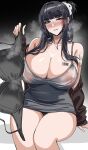  1girl barcode bare_shoulders black_bra black_hair black_panties blush bra breasts butterfly_tattoo cleavage collarbone commentary d_(killer_wife)_(nikke) d_(nikke) dress english_commentary goddess_of_victory:_nikke grey_dress hair_ornament hairclip hella_p highres holding holding_bra holding_clothes holding_underwear huge_breasts long_hair mask mouth_mask official_alternate_costume panties parted_lips shoulder_tattoo sidelocks smile solo tattoo thighs underwear unworn_bra 