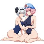  2girls alternate_costume black_bow black_hairband black_one-piece_swimsuit blue_eyes blue_hat blue_one-piece_swimsuit blush bow bow_hairband breasts cleavage closed_mouth commentary_request covered_navel covered_nipples full_body grey_hair hair_between_eyes hairband hat highleg highleg_swimsuit highres konpaku_youmu large_breasts looking_at_viewer medium_bangs medium_breasts mob_cap multiple_girls one-piece_swimsuit ootsuki_wataru pink_eyes pink_hair saigyouji_yuyuko seiza short_hair sideboob simple_background sitting smile swimsuit touhou triangular_headpiece wariza wavy_mouth white_background 