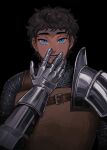  1boy absurdres armor black_background brown_hair chainmail dark-skinned_male dark_skin dungeon_meshi english_commentary gauntlets hand_to_own_mouth hand_up highres joko_boo kabru looking_at_viewer male_focus open_mouth pauldrons short_hair shoulder_armor simple_background single_pauldron upper_body yellow_eyes 