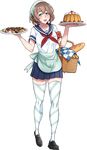  absurdres amai_odayaka apron artist_request brown_hair cake flustered food full_body green_eyes happy highres official_art open_mouth school_uniform short_hair smile solo striped striped_legwear thighhighs transparent_background yandere_simulator zettai_ryouiki 