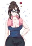  :p bangs bare_shoulders beads black-framed_eyewear blush breasts brown_eyes brown_hair cleavage collarbone cowboy_shot eyebrows eyebrows_visible_through_hair glasses hair_bun hair_ornament hair_stick hand_on_hip large_breasts looking_at_viewer mei_(overwatch) overwatch pants pink_lips pink_towel short_hair sidelocks sleeveless snowflake_hair_ornament solo sweat tank_top thigh_gap tongue tongue_out towel 