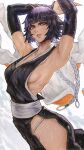  1girl armpit_crease armpits arms_up bare_hips black_hair bleach breasts hakama highres japanese_clothes looking_at_viewer magion02 medium_breasts parted_lips short_hair short_hair_with_long_locks sideboob sideless_outfit solo sui-feng sweat 
