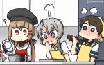  3girls ? @_@ alcohol apron asymmetrical_hair beret black_bow black_hat blouse blush bow braid brown_eyes brown_hair chocolate drunk eyebrows_visible_through_hair flipped_hair hair_between_eyes hair_bow hair_ornament hair_ribbon hamu_koutarou hat highres kantai_collection kitchen long_hair looking_at_viewer low_twintails multiple_girls necktie nowaki_(kantai_collection) red_ribbon ribbon sailor_collar scarf school_uniform serafuku short_hair short_sleeves silver_eyes silver_hair single_braid star tashkent_(kantai_collection) torn_scarf twintails uranami_(kantai_collection) vest vodka white_scarf yellow_neckwear 