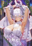  1girl armpits breasts cleavage demon_girl demon_horns demon_wings dress duel_monster gloves grey_eyes highres horns large_breasts looking_at_viewer lovely_labrynth_of_the_silver_castle low_wings pointy_ears sayaka_ikku smile solo twintails white_hair white_horns wings yu-gi-oh! 