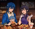  +_+ 1boy 2girls :d :o absurdres baby black_hair bulletin_board burger cheese commission commissioner_upload earrings eating family fast_food father_and_daughter fire_emblem fire_emblem:_genealogy_of_the_holy_war food food_on_face food_wrapper french_fries gloves headband highres holding holding_burger holding_food if_they_mated jewelry ketchup larcei_(fire_emblem) lettuce long_hair looking_at_another mother_and_daughter multiple_girls open_mouth original purple_tunic seliph_(fire_emblem) shelf short_hair sitting smile soda sweatdrop table teeth tomato tomato_slice tunic uneasywolf white_headband 
