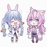  2girls :d animal_ear_fluff animal_ears antenna_hair bad_id bad_twitter_id black_gloves black_pantyhose black_skirt blue_hair braid braided_bun carrot_hair_ornament chibi closed_eyes commentary_request crown_braid don-chan_(usada_pekora) dress food-themed_hair_ornament full_body fur-trimmed_gloves fur_scarf fur_trim gloves hair_between_eyes hair_bun hair_ornament hakui_koyori hakui_koyori_(1st_costume) hands_on_own_hips hands_up hexagon_hair_ornament highres hololive lab_coat leotard leotard_under_clothes long_hair long_sleeves multicolored_hair multiple_girls necktie notice_lines open_mouth pantyhose pink_hair pink_necktie rabbit_ears rabbit_girl shirt short_eyebrows skirt smile sparkle standing suga_soruto thick_eyebrows twin_braids two-tone_hair usada_pekora usada_pekora_(1st_costume) very_long_hair virtual_youtuber white_background white_dress white_footwear white_hair white_shirt wolf_ears 