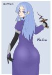  artist_name ass behind_another black_gloves blue_eyes blue_hair decorations dress elbow_gloves elf fate_(series) fighting giffren gloves highres ibispaint_(medium) long_dress medea_(fate) medea_(lily)_(fate) pointy_ears purple_dress self-upload 