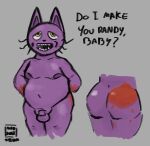 absurd_res anthro balls belly blood bodily_fluids fear_and_hunger felid feline fur genitals hi_res mad-depot male mammal moobs overweight overweight_male penis pocketcat_(fear_&amp;_hunger) purple_body purple_fur shaded simple_background simple_coloring simple_shading small_penis solo