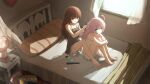  2girls bad_id bad_pixiv_id bare_legs bare_shoulders barefoot bed bedroom black_shirt brown_eyes brown_hair brushing_another&#039;s_hair brushing_hair comb commentary_request curtains full_body hair_brush hair_down hand_in_another&#039;s_hair highres holding holding_another&#039;s_hair holding_hair_brush indoors long_hair looking_at_another looking_back manaka_laala manaka_laala_(young) minami_mirei minami_mirei_(normal) multiple_girls on_bed pajamas pillow pretty_series pripara ruru_ashihara shirt shorts sitting white_shorts 