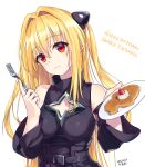  1girl :t absurdres bare_shoulders black_dress blonde_hair breasts clothing_cutout commentary_request dated detached_sleeves dress food fork fruit hair_intakes hair_ornament hands_up happy_birthday head_tilt highres holding holding_fork konjiki_no_yami long_hair looking_at_viewer red_eyes signature simple_background solo strawberry taiyaki to_love-ru traveler_(artbbt) two_side_up upper_body very_long_hair wagashi whipped_cream white_background 