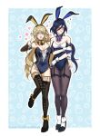 2girls :d adapted_costume animal_ears aya_(smalltrashpanda) bare_shoulders black_hair black_pantyhose black_thighhighs blonde_hair blue_eyes blush boots breasts cleavage clorinde_(genshin_impact) commentary cross-laced_footwear detached_sleeves fake_animal_ears genshin_impact hand_up highres lace-up_boots leotard long_hair long_sleeves looking_at_viewer medium_breasts multiple_girls navia_(genshin_impact) open_mouth pantyhose rabbit_ears shoes smile strapless strapless_leotard thigh_boots thigh_strap thighhighs very_long_hair 