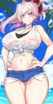  1girl absurdres alternate_costume asymmetrical_hair beach blue_eyes breasts cleavage covered_nipples cowboy_shot earrings fate/grand_order fate_(series) hair_ornament highres jewelry large_breasts long_hair looking_at_viewer midriff miyamoto_musashi_(fate) navel nez-box nipples pink_hair ponytail see-through shirt short_shorts shorts sideboob sideless_shirt smile solo standing stomach tank_top tied_shirt wet wet_clothes white_tank_top 