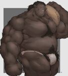 1boy alternate_design bara belly biceps boar_boy body_fur brown_hair bulge carrying_over_shoulder chest_tuft clenched_hand closed_eyes cowboy_shot dark-skinned_male dark_skin dungeon_meshi excessive_pubic_hair flour highres horns huge_pectorals iokei_(doctdra) large_hands loincloth male_focus monster_boy muscular muscular_male navel_hair nipples orc plump pointy_ears pubic_hair skin-covered_horns solo strongman_waist thick_arms thick_navel_hair tribal tusks walking zon_(dungeon_meshi) 