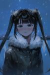  1girl arms_at_sides black_eyes black_hair blush closed_mouth fur-trimmed_jacket fur_trim green_jacket hair_intakes highres horizon inu_dakisime jacket light_frown long_bangs long_hair long_sleeves looking_at_viewer night nose_blush original outdoors sidelocks snow_on_head snowing solo twintails upper_body very_long_hair 